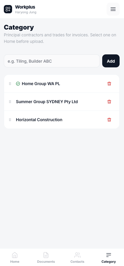 Workplus mobile Category screen showing project groups
