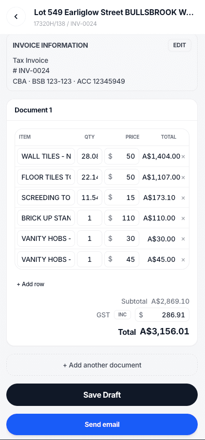 Workplus mobile invoice detail screen with editable line items