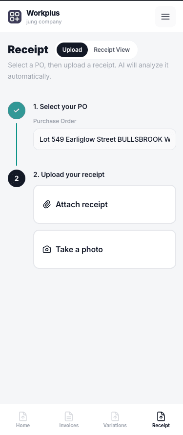 Workplus Receipt upload screen — select PO and attach receipt photo