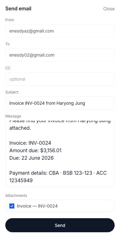 Workplus mobile Send email screen with invoice attachment