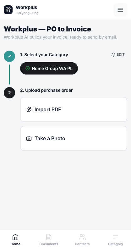 Workplus mobile Home screen with Import PDF and Take a Photo buttons