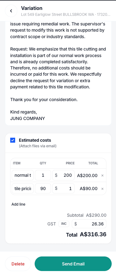 Workplus AI-drafted variation claim with estimated costs and send email button