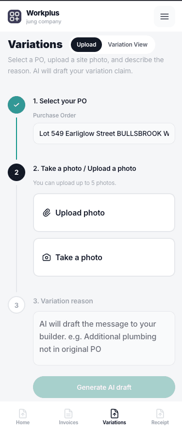 Workplus Variations upload screen — select PO, upload site photo, describe reason