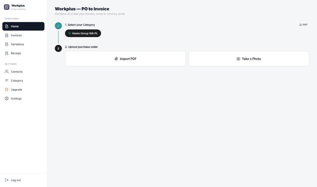 Workplus desktop Home screen with sidebar: Home, Invoices, Variations, Receipt